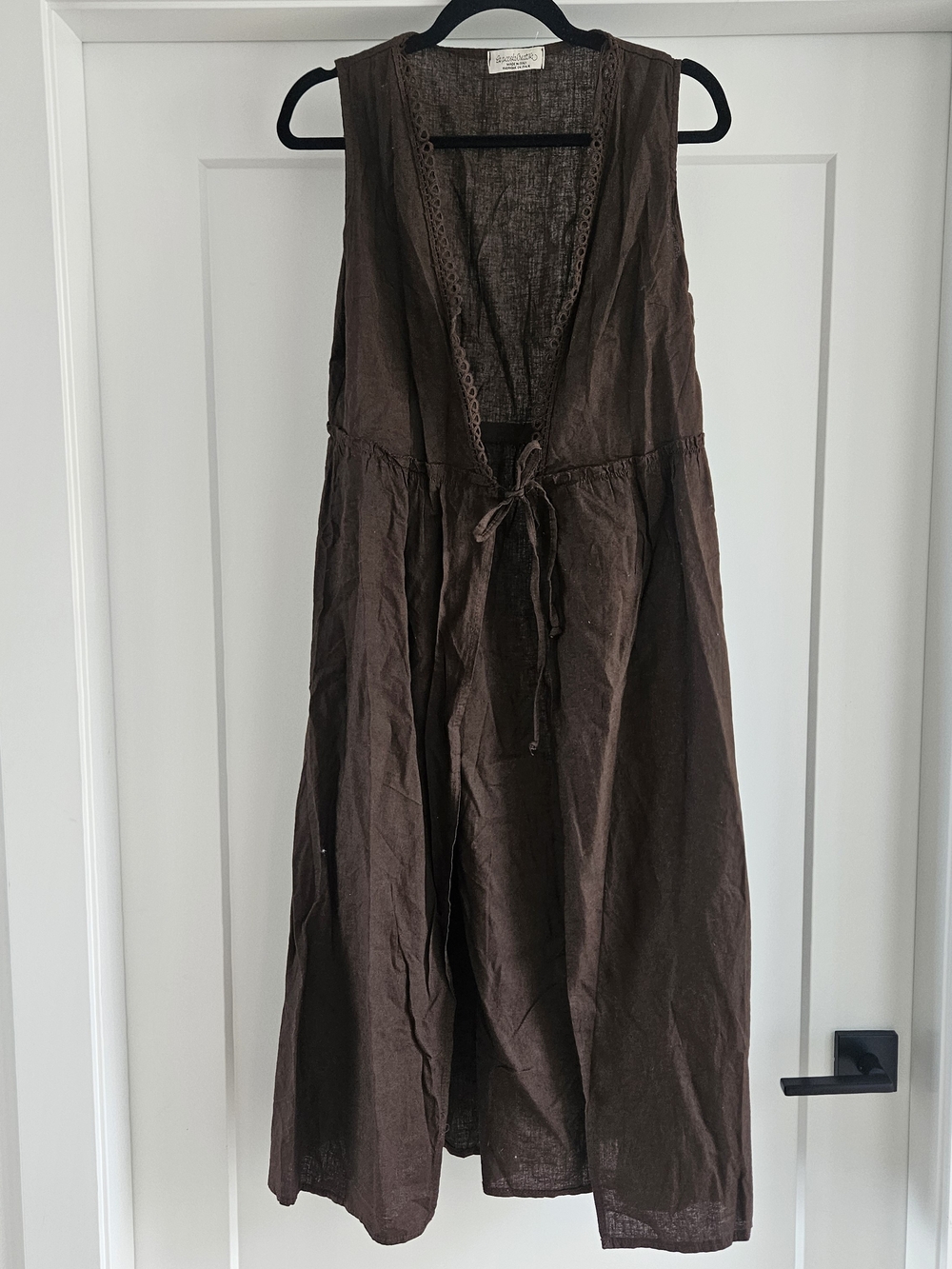​La Piccola Creativa Italy Linen Lagenlook Midi Dress Vest Brown Eyelet Trim OS